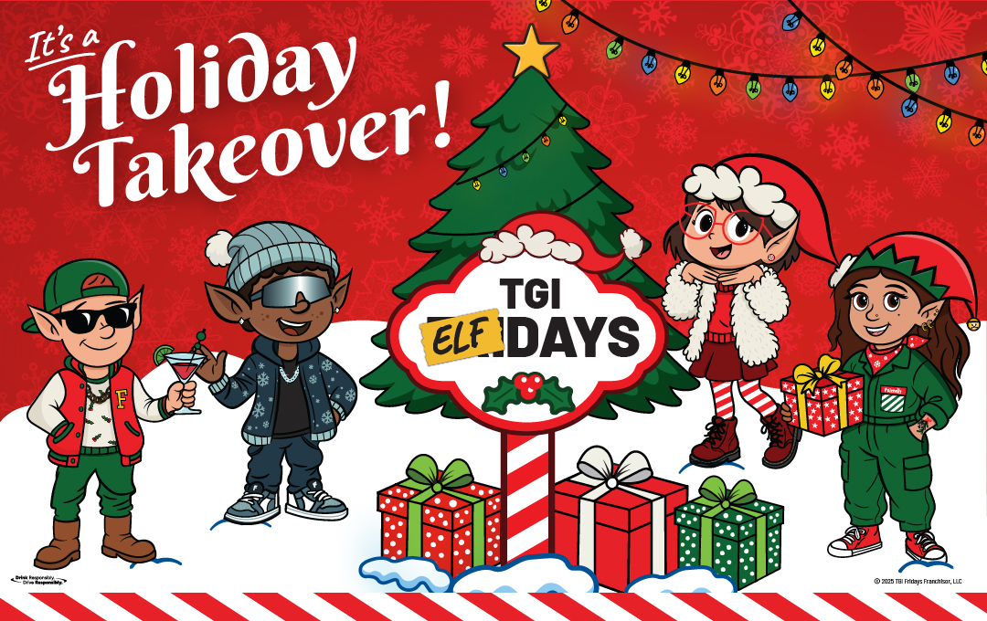 TGI Fridays Elf Days holiday takeover with festive cartoon elves, Christmas tree, and wrapped gifts