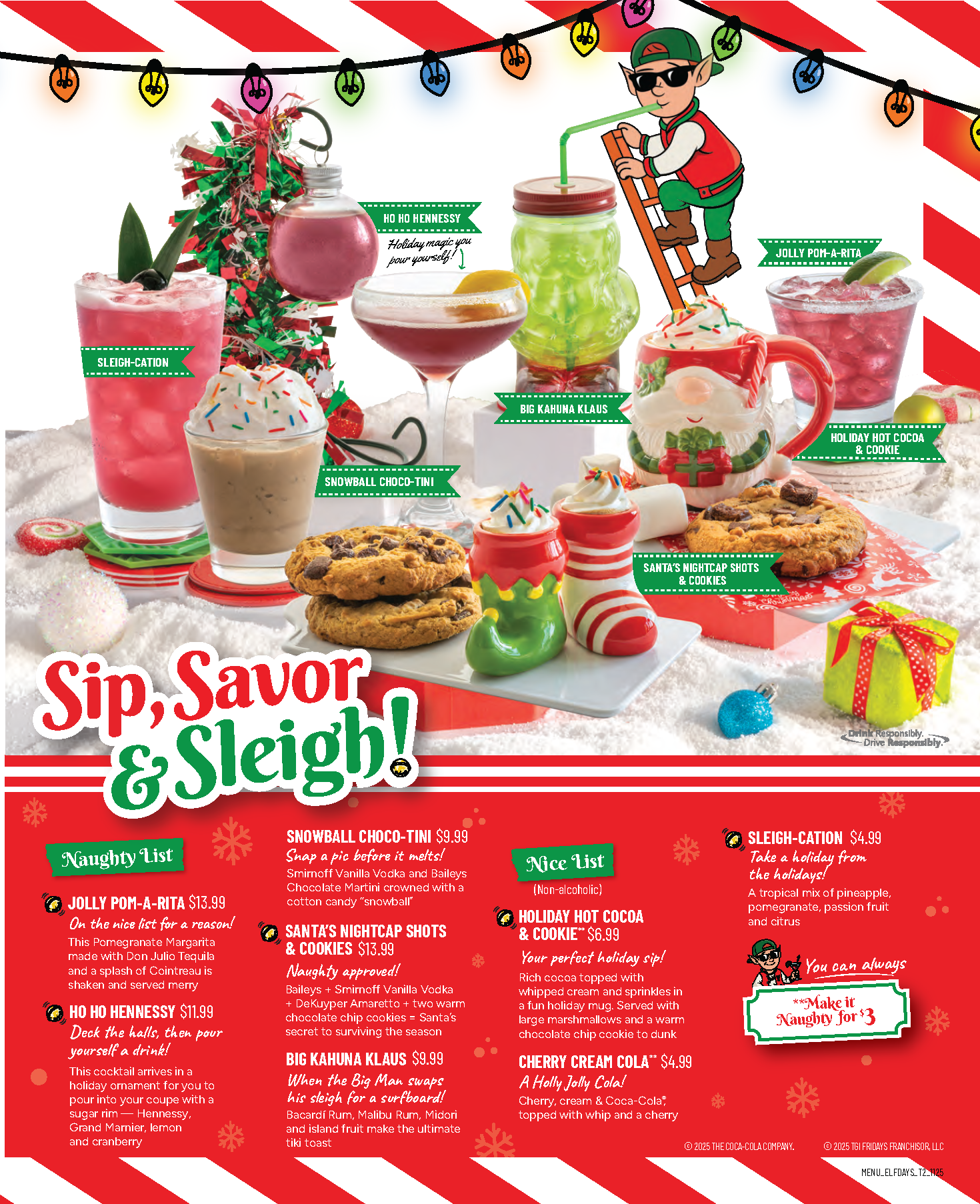 Festive holiday cocktails from TGI Fridays including Jolly Pom-A-Rita, Ho Ho Hennessy, and Snowball Choco-Tini surrounded by Christmas cookies and lights.