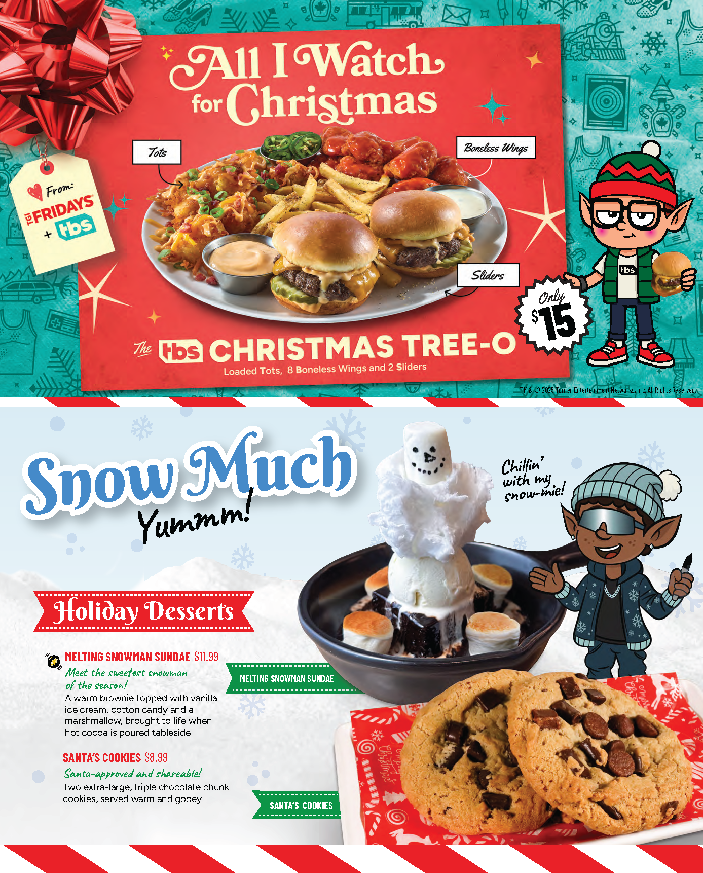 Melting Snowman Sundae and Santa’s Cookies desserts from TGI Fridays’ holiday menu, alongside sliders, wings, and tots from the Christmas Tree-O platter.
