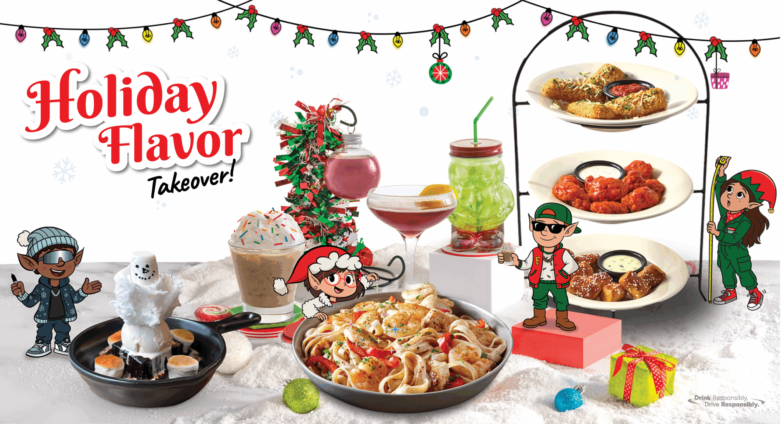 Festive holiday scene at TGI Fridays featuring elves, holiday cocktails, appetizer towers, and bruschetta chicken pasta under a Holiday Flavor Takeover banner.