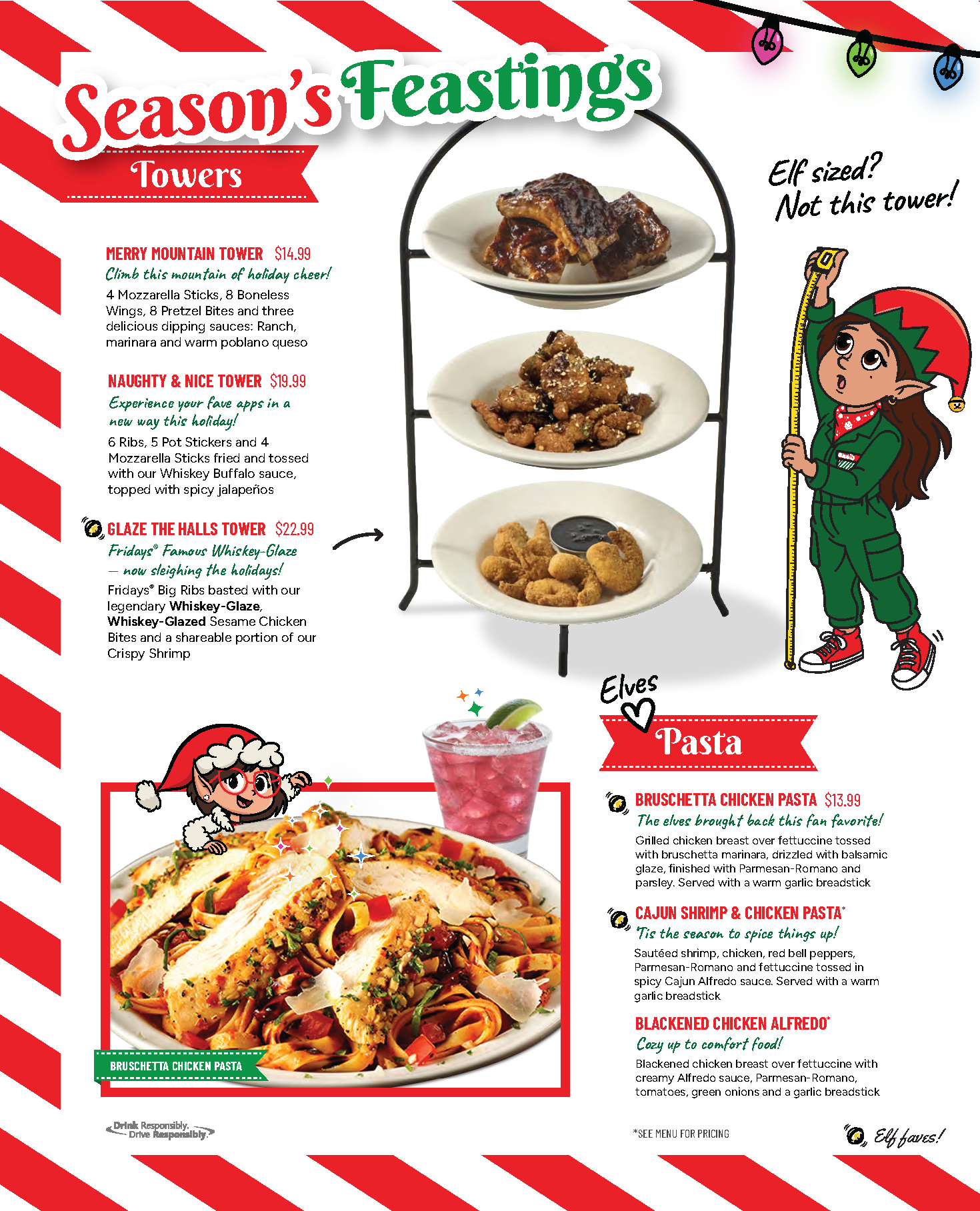 Holiday food tower with ribs, chicken bites, and mozzarella sticks at TGI Fridays alongside pasta and a festive cocktail.