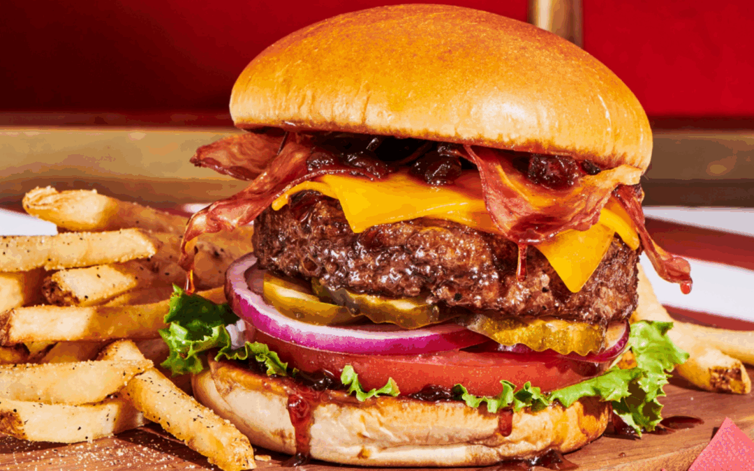 Fridays Whiskey-Glazed Burger with fries and a cold beer - perfect burger and drink pairing
