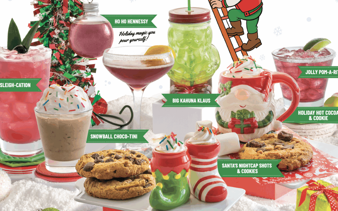 A festive holiday food and cocktail spread at TGI Fridays featuring Ho Ho Hennessy, Jolly Pm-A-Rita, and Sleigh-Cation drinks.