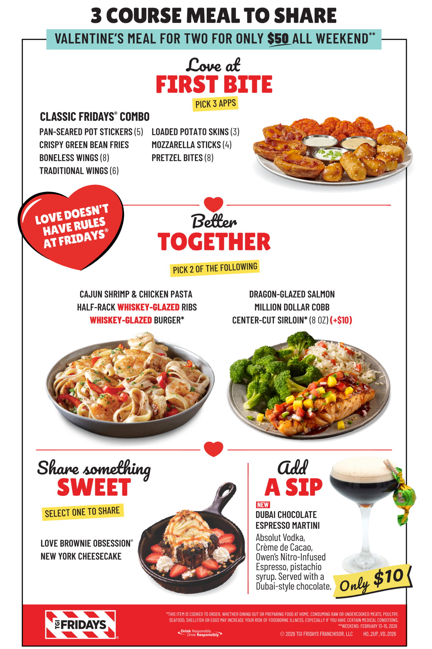 TGI Fridays Valentine’s Day meal for two menu with appetizer, entrée, dessert, and cocktail options.