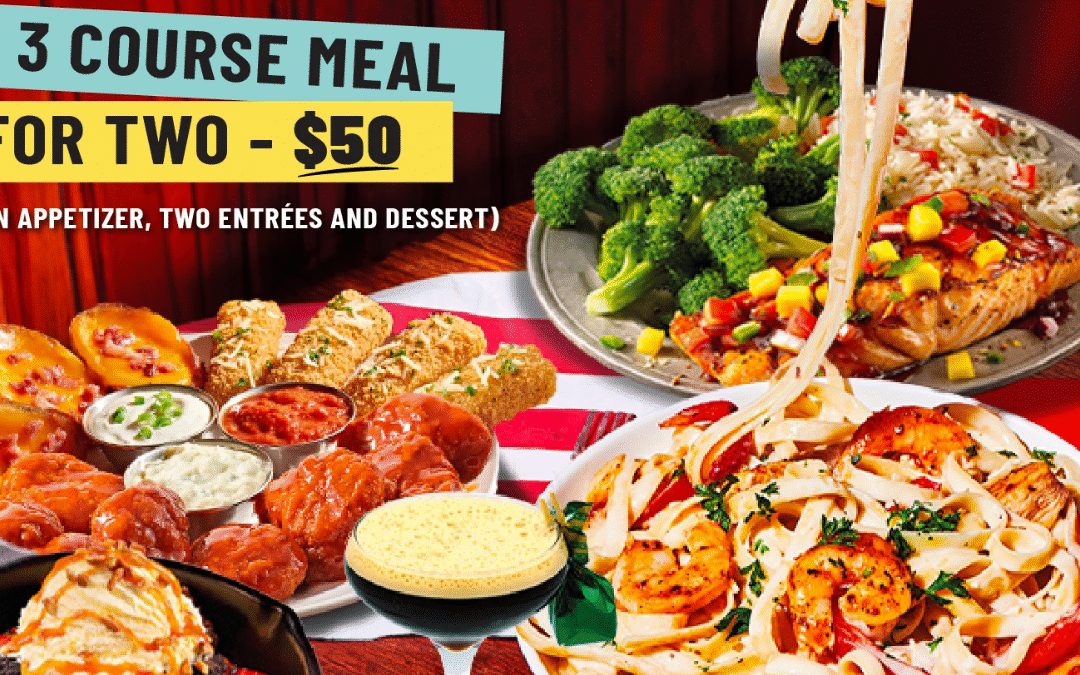 TGI Fridays Valentine’s Day 3 course meal for two featuring pasta, ribs, appetizers, dessert and cocktails