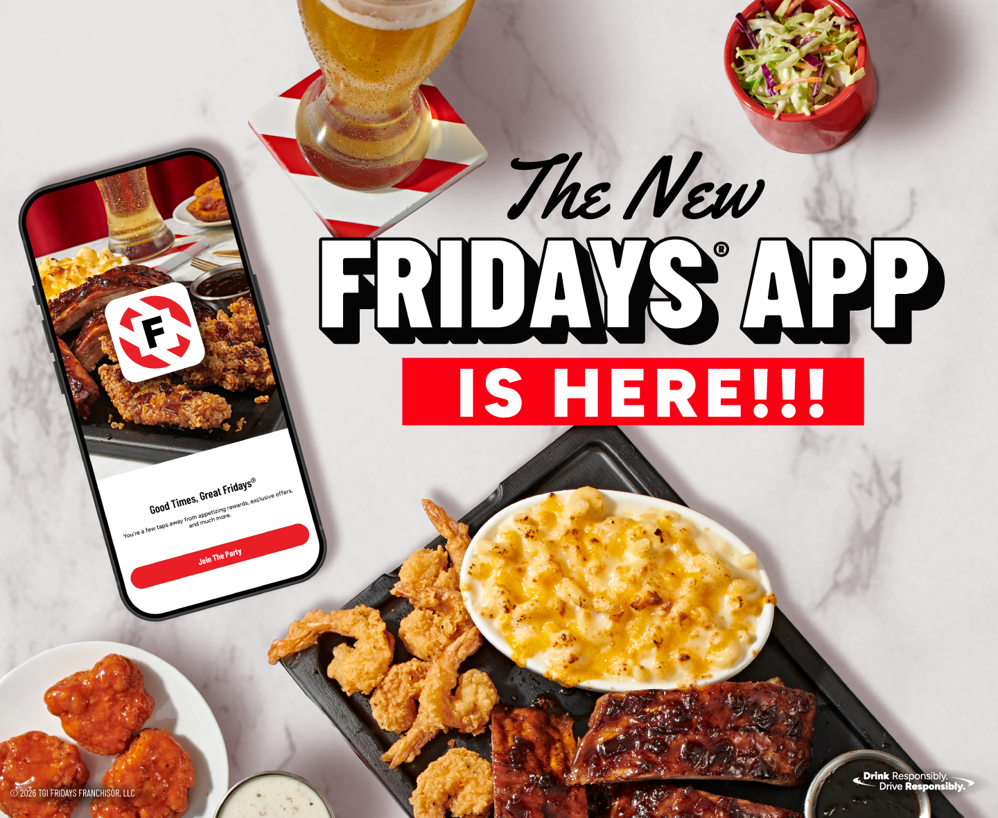 TGI Fridays mobile app showing food and ordering screen promoting rewards and online ordering