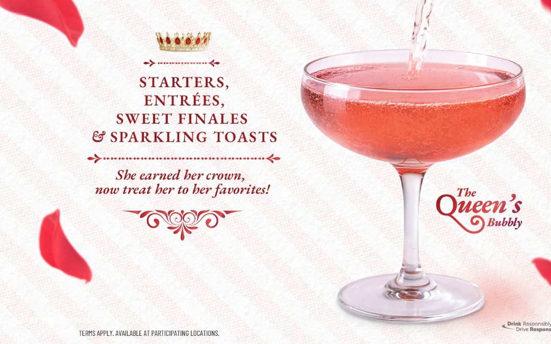 Mother’s Day cocktail The Queen’s Bubbly at TGI Fridays with sparkling pink drink and royal-themed menu promotion.