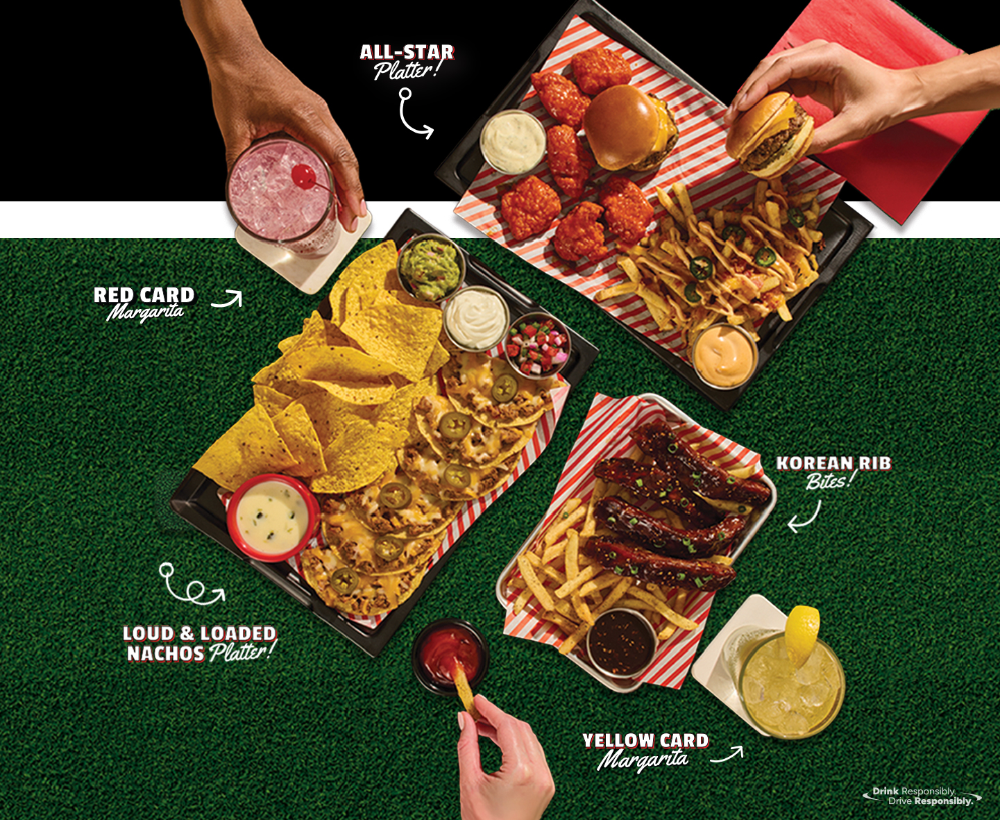 Mobile promotional image of Fridays United shareable platters, Korean Rib Bites, loaded nachos, sliders, and margaritas at TGI Fridays