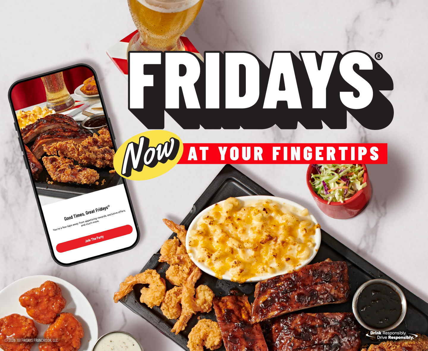Mobile-friendly TGI Fridays app promotion featuring online ordering, rewards, ribs, wings, and mac and cheese.