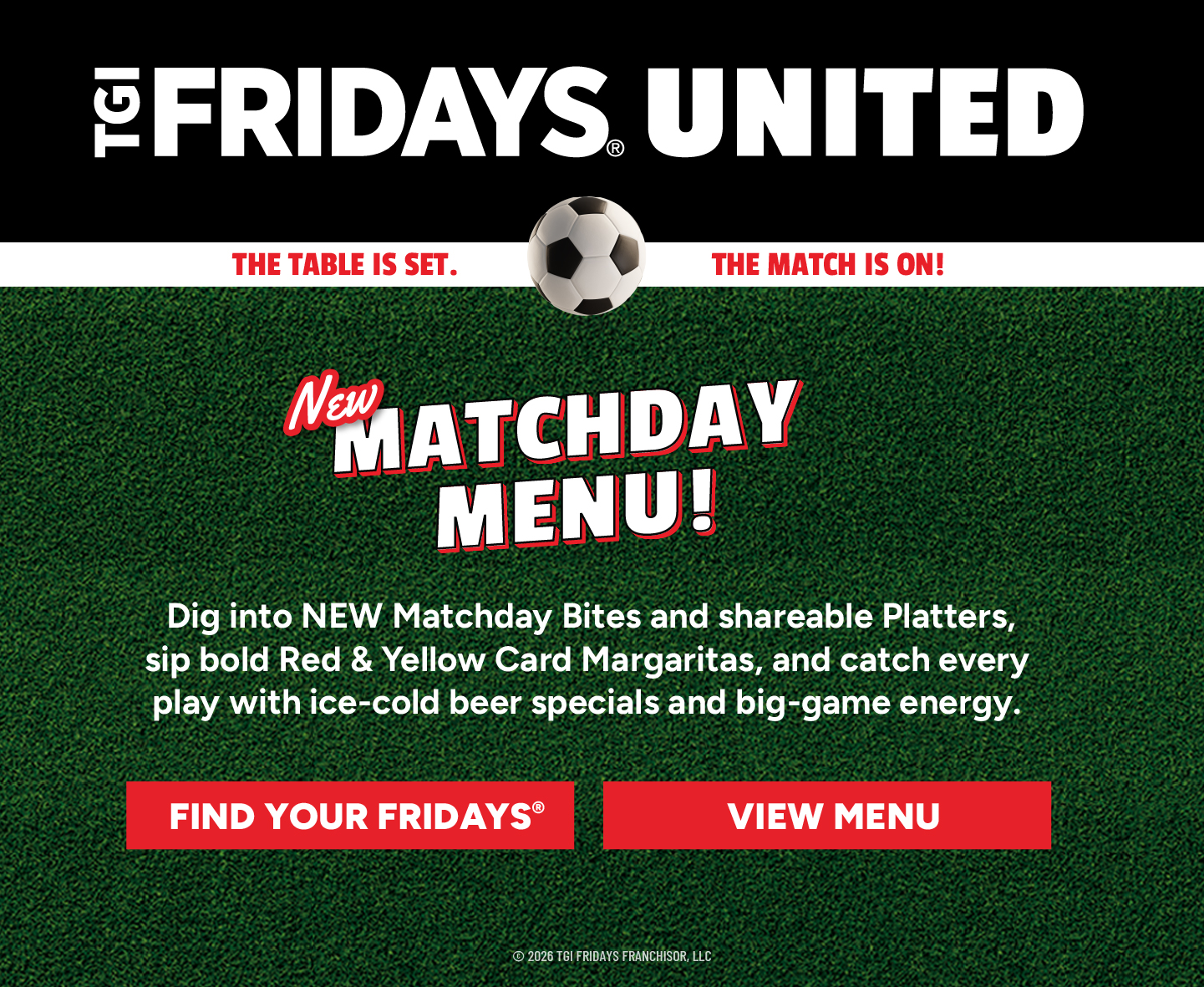 Mobile homepage banner for Fridays United at TGI Fridays featuring Matchday Menu items, beer specials, and soccer watch party dining