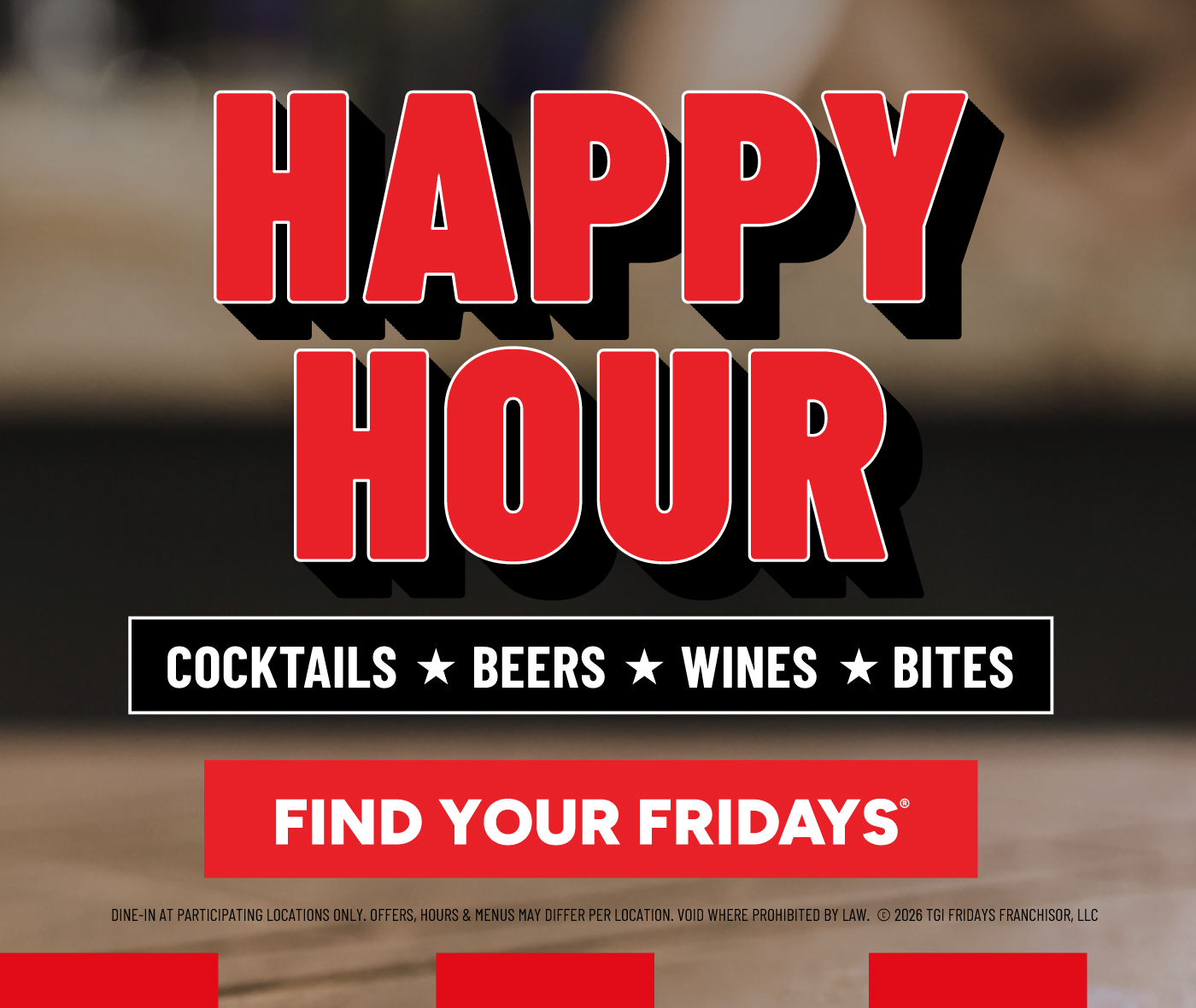 Mobile banner promoting TGI Fridays $5 Happy Hour with cocktails, beers, wines, and bites.