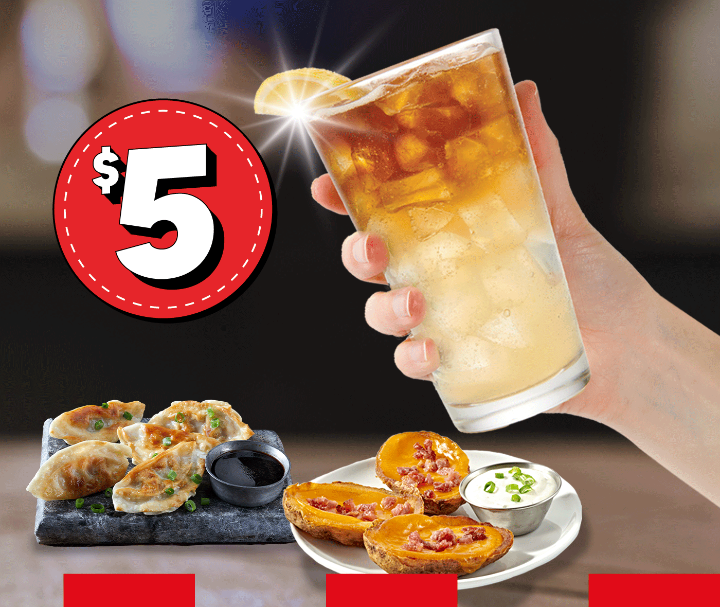 Mobile banner promoting TGI Fridays $5 Happy Hour with cocktails, beers, wines, and bites.
