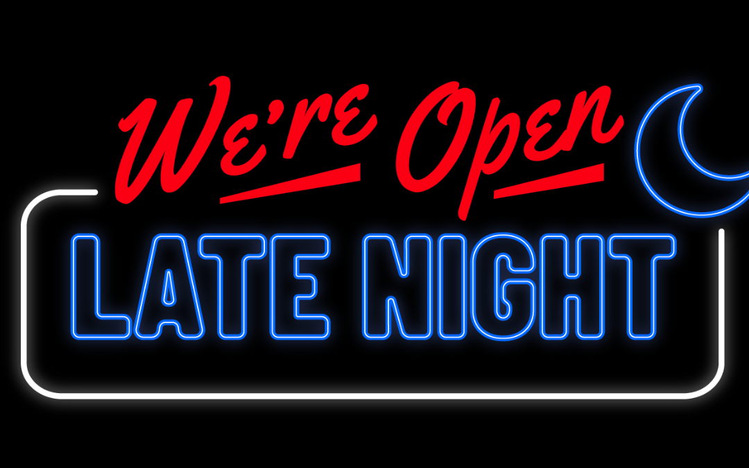 TGI Fridays "We're Open Late Night" neon-style graphic promoting late-night dining, food, drinks, and restaurants open late.